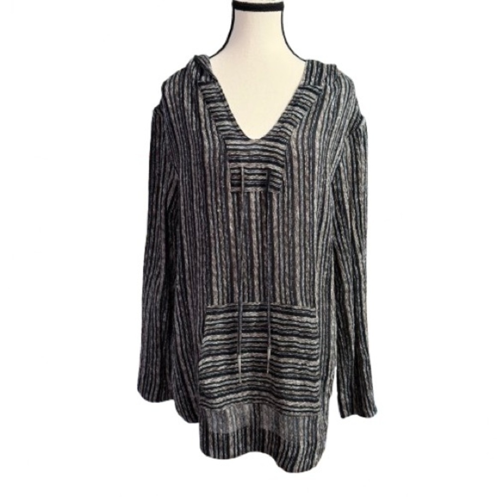 Vena Cava Women’s Black Striped Boho Baja Hooded Pullover V-Neck Sweater Size 6 - Picture 2 of 8